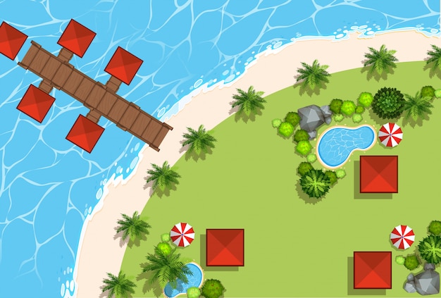 Free Vector aerial scene of huts and beach