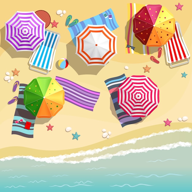 Aerial view of summer beach in flat design style. Slippers and towel, starfish and summertime, relaxation summer tourism