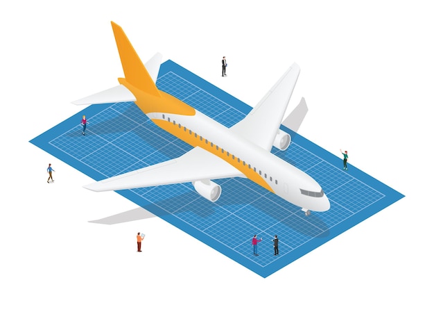 Aeroplane blueprint concept with people analyze with modern isometric style vector illustration