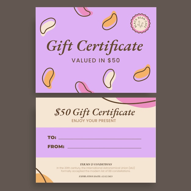 Aesthetic black bean cafe gift certificate