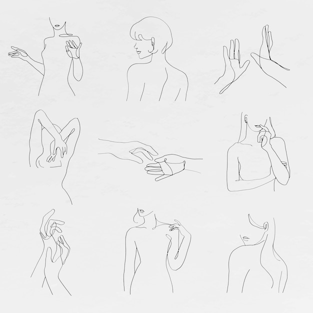 Aesthetic woman&rsquo;s body vector line art minimal grayscale drawings set