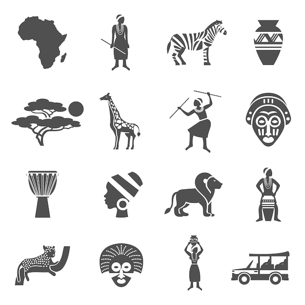 Africa Black White Icons Set