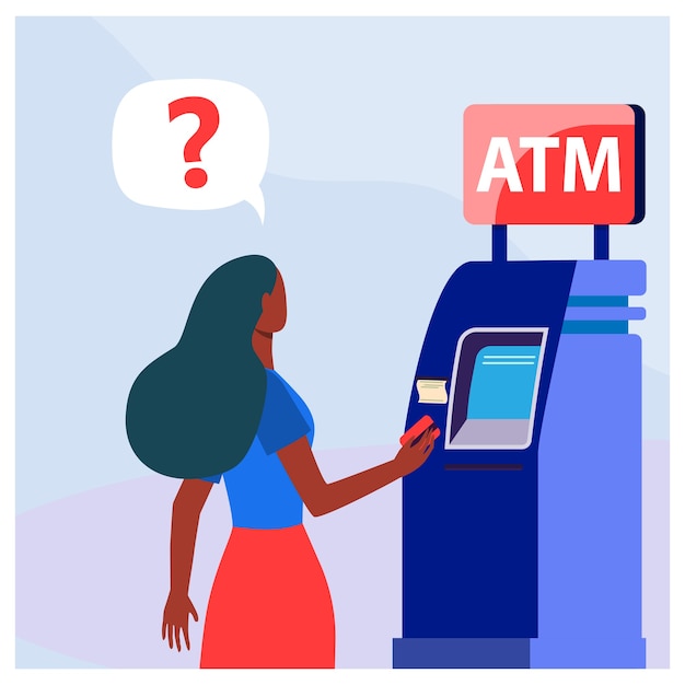 Free Vector african american woman using atm. money, card, cash flat vector illustration. finance and digital technology