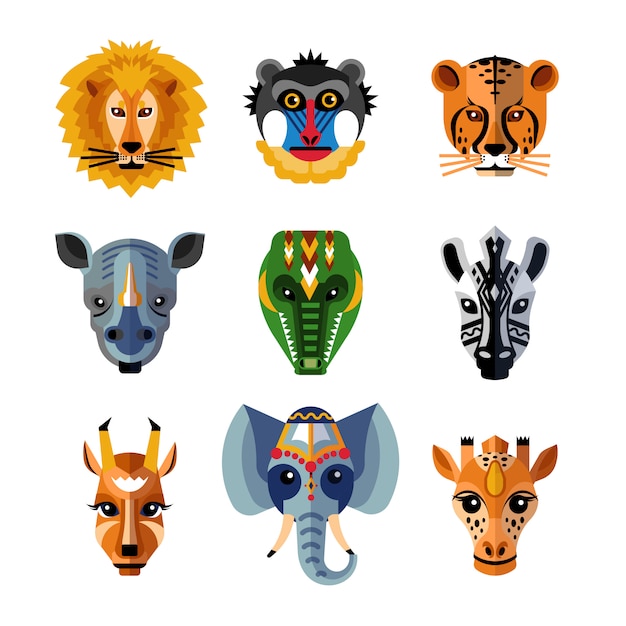 Free Vector  african animals heads masks flat icons 