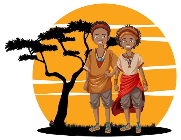 Free Vector african couple in traditional dress on savanna