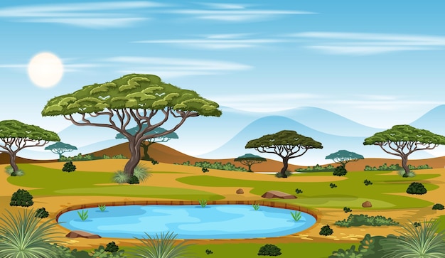 Free Vector african savanna forest landscape scene at day time