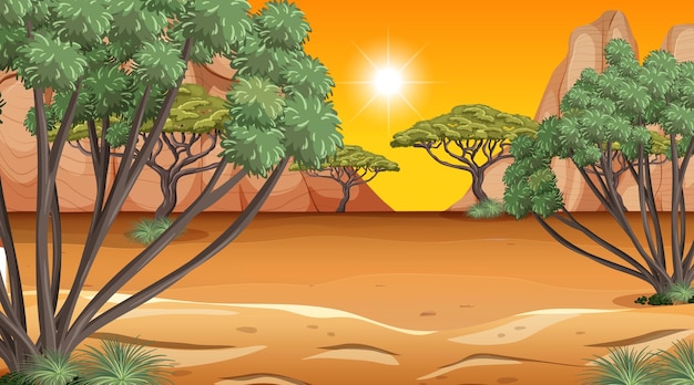 Free Vector african savanna forest landscape scene at sunset time