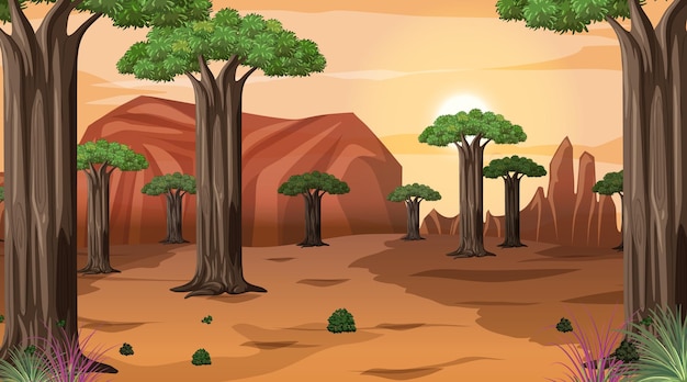 Free Vector african savanna forest landscape scene at sunset time