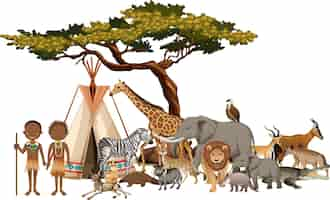 Free vector african tribe with group of wild african animal on white background