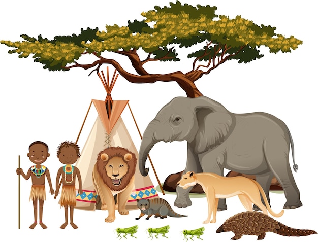 African tribe with group of wild african animal on white background