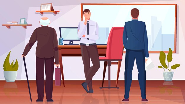 Age discrimination flat illustration with elderly and young man in office