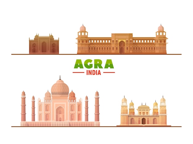 Agra India main landmarks in white background Vector Illustration Business travel and tourism concept with modern buildings Image for banner or web site