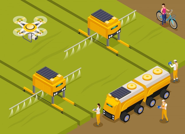 Free Vector agricultural automated robots fertilizing and spraying pesticides on crops with monitoring area drone isometric composition