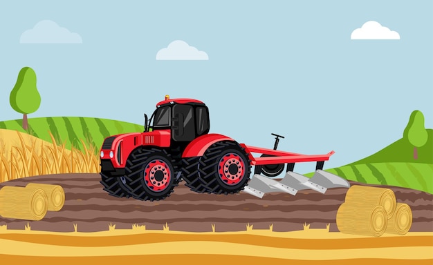 Free Vector agricultural machine flat composition with hay rolls and tractor with plough working on field vector illustration