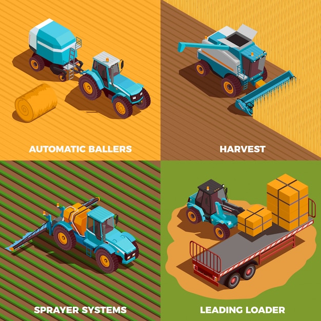 Free Vector agricultural machines isometric concept icons set