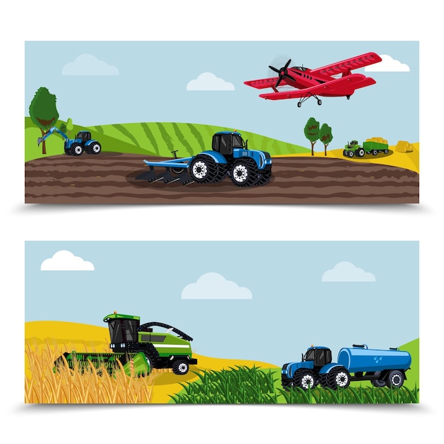 Free Vector agricultural machines transport flat set of two horizontal compositions with outdoor landscapes views of field works vector illustration