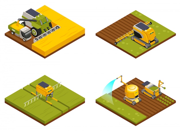 Agricultural robots concept 4 isometric compositions with hoeing plowing planting  watering fertilizing and harvesting machinery