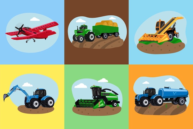 Free vector agricultural transport flat set with harvester plougher excavator biplane on color background isolated vector illustration