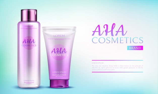 Free Vector aha cosmetics product line for body care on blue gradient background.