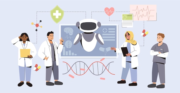 Free Vector ai in medicine artificial intelligence help in medical diagnosis and treatment of patients futuristic tech in medicine flat doctors using innovative technologies for research and disease analysis