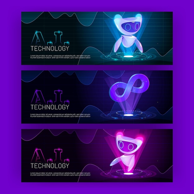 Ai technology futuristic cartoon banners with artificial intelligence robot at neon glowing hud technological background with infinity symbol Cyborg or droid robotics and automation Vector concept