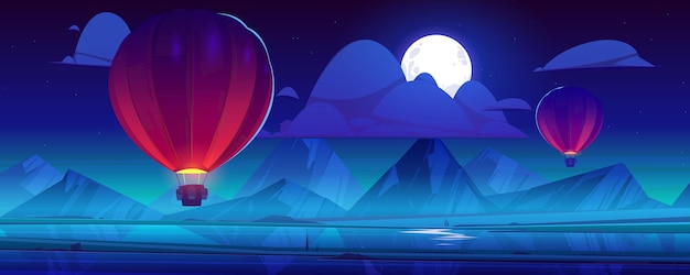 Air balloons flying at night sky with full moon and clouds on mountains