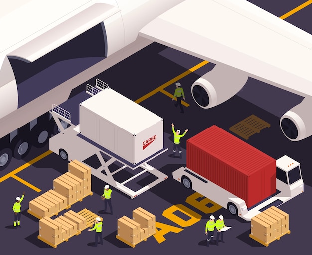 Free Vector air cargo isometric concept with aircraft logistic and transportation scenes vector illustration