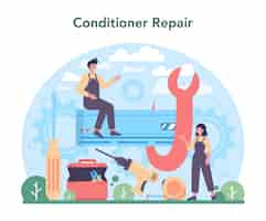 Free vector air conditioning repair and instalation service repairman installing examining and repairing conditioner with special tools and equipment isolated vector illustration