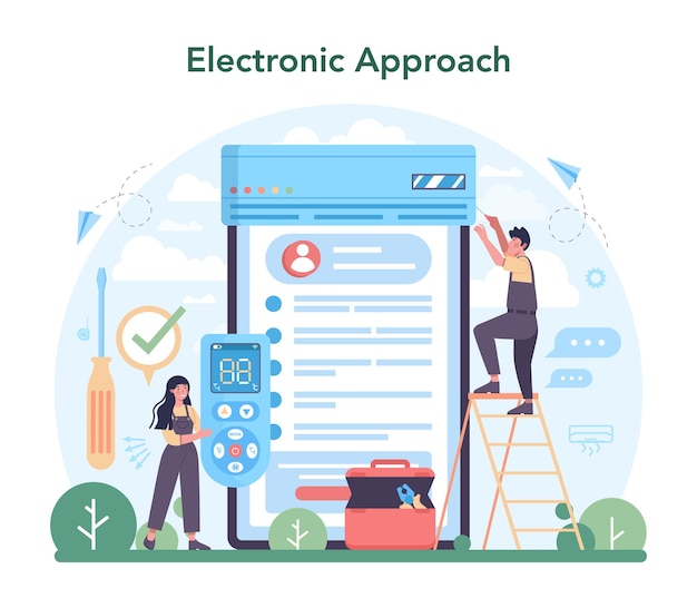 Air conditioning service online service or platform Repairman installing examining and repairing conditioner Online electronic approach Vector illustration