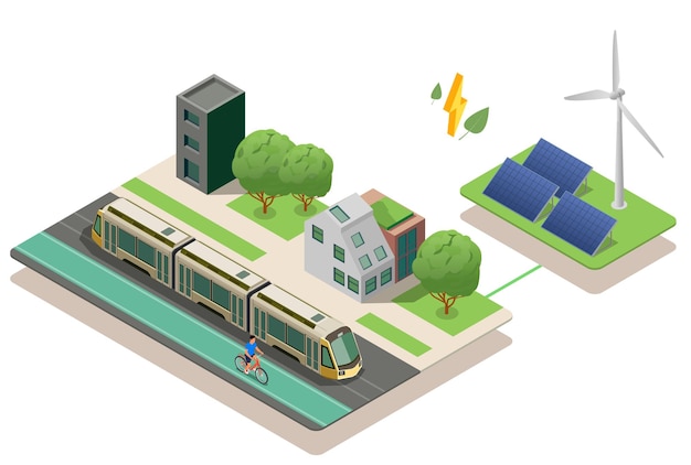 Free vector air pollution green energy isometric composition with solar panels wind turbine and view of city with man riding bicycle vector illustration