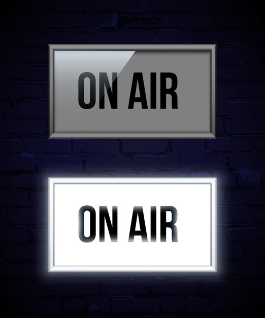 On air switched off and glowing signs News radio and television broadcast shiny neon light box on red curtain backdrop