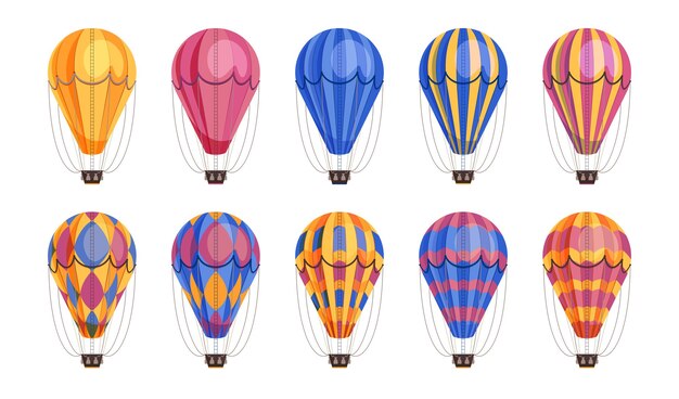 Air travel balloons icons in different color variations set flat illustration