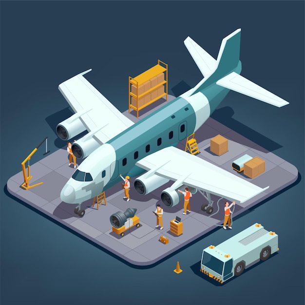 Free vector aircraft airplanes maintenance service repair isometric composition with isolated view of hangar with plane and workers vector illustration