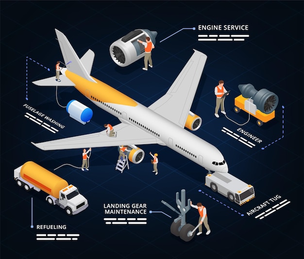 Aircraft airplanes maintenance service repair isometric infographics with human characters of workers engine parts and text vector illustration