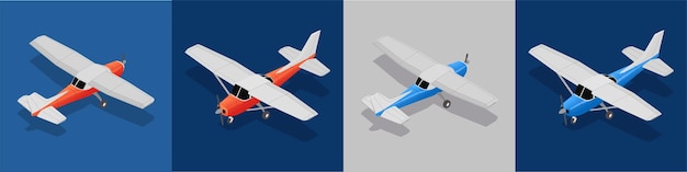 Free vector aircraft airplanes maintenance service repair isometric set of square compositions with icons of light training planes vector illustration