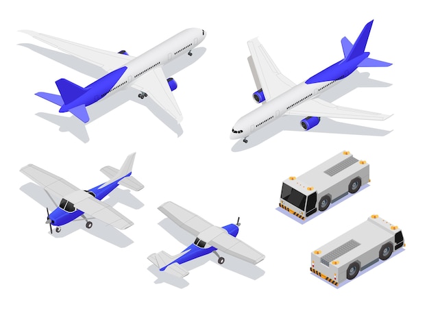 Free Vector aircraft airplanes maintenance service repair isometric set with isolated images of planes and airport push trucks vector illustration