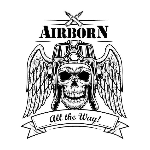 Free Vector airforce soldier skull vector illustration. head of pilot in hat and goggles with wings, bullets, air born, all the way text. military or army concept for emblems or tattoo templates