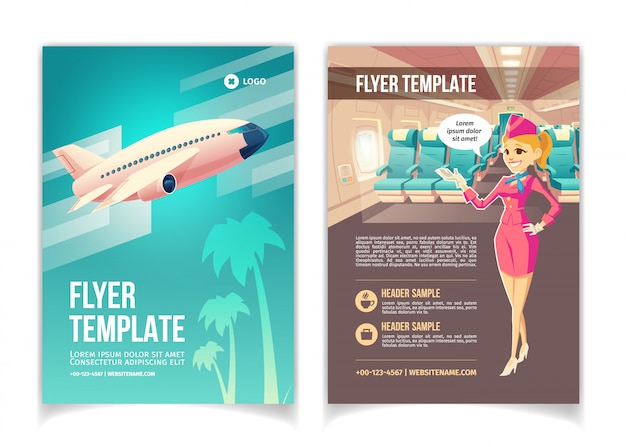 Airline company, travel agency services cartoon brochure or booklet pages template.