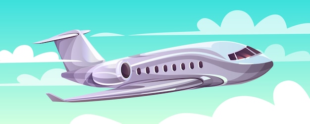 Airplane flying in sky illustration of cartoon modern plane in clouds for travel agency 