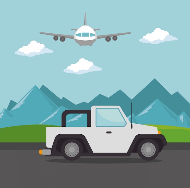 Free Vector airplane flying with jeep transport 