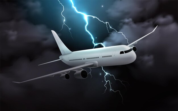 Airplane in night storm realistic illustration