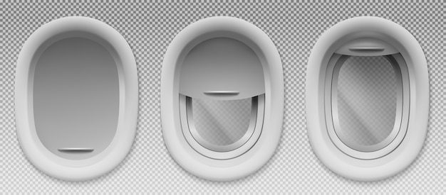 Airplane portholes with open and closed shade