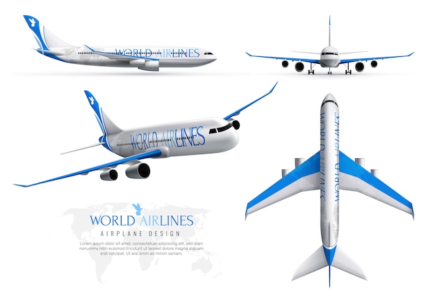 Airplane realistic identity set of world airlines in various views isolated