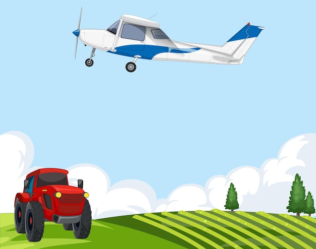 Free Vector airplane and tractor in rural landscape