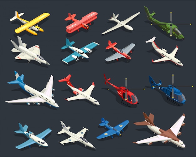 Free vector airplanes helicopters isometric icons