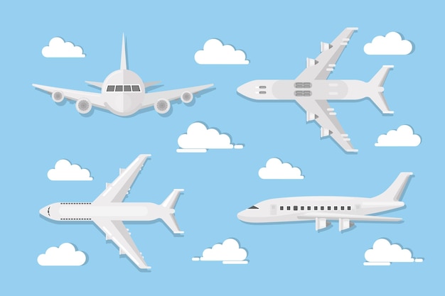 Airplanes in sky set White planes on front view side view and more in the sky background with clouds