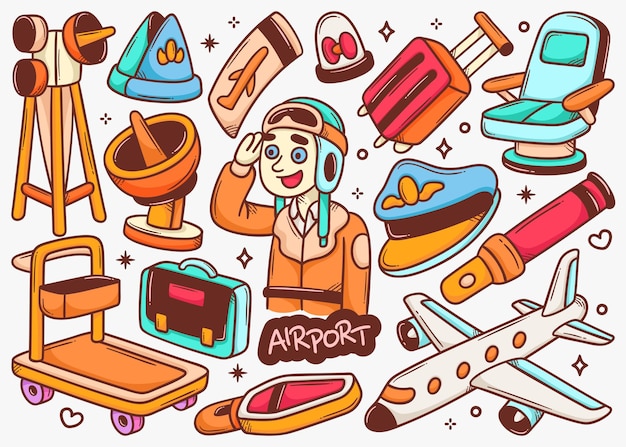 Free Vector airport doodle hand drawn color vector collection