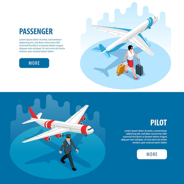 Free Vector airport horizontal banners with pilot passenger suitcase airplane