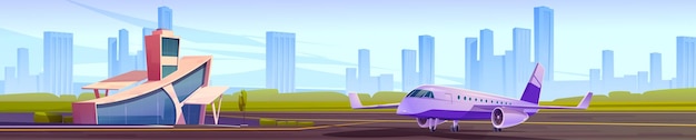 Airport terminal and private jet on landing field