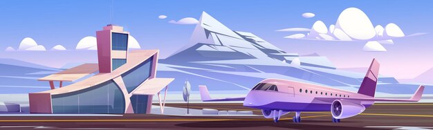 Airport terminal and private jet on runway strip in winter Vector cartoon illustration of nordic landscape with small airport building plane on landing field snow and mountains